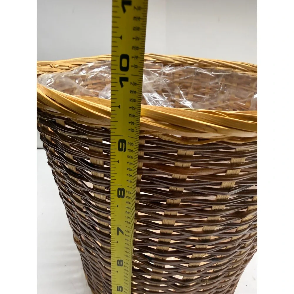 Woven Wicker Wastebasket Planter Two Tone Brown Tan Round Basket with Liner 10in